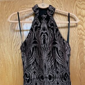 Sleeveless Black and Silver Halter Evening Dress